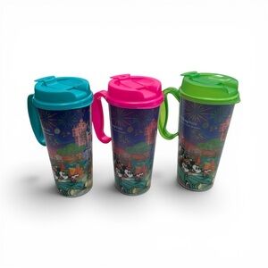 2025 Disney Travel Tumbler Trio with Teal, Hot Pink & Lime Lids - Like New!